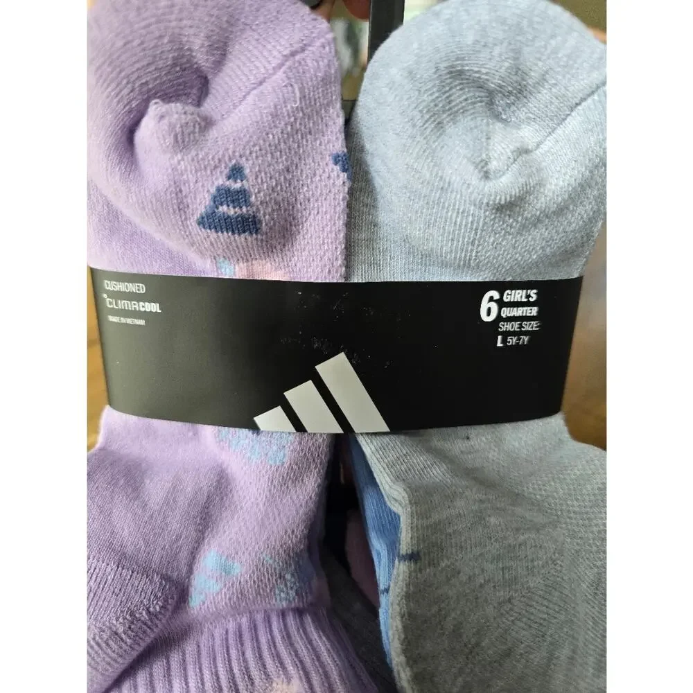Adidas Girls' 6-Pack Athletic Cushioned Quarter Socks Multicolor Large (5Y-7Y)
